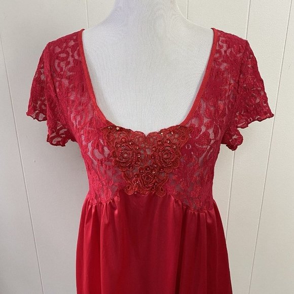 Vintage Cinema Etoile Red Sheer Lace Nylon Babydoll Mini Nightgown Size Medium - Picture 3 of 12